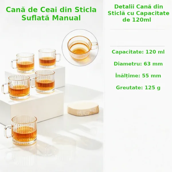 Infografic cu specificațiile tehnice ale ceștii din sticlă ABYZ indicând capacitatea de 120ml și greutatea de 125g.
