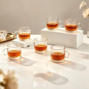 Set 6 cesti cafea si espresso ABYZ, din sticla suflata manual cu striatii, capacitate 120 ml, sticla transparenta rezistenta, design modern cu toarta