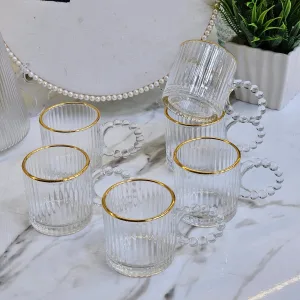 Set 6 cesti cafea si espresso din sticla transparenta striata cu margine aurie si toarta perlata ABYZ 110ml