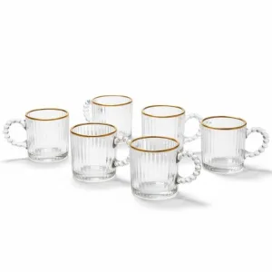 Set 6 cesti cafea si espresso din sticla transparenta striata cu margine aurie si toarta perlata ABYZ 110ml
