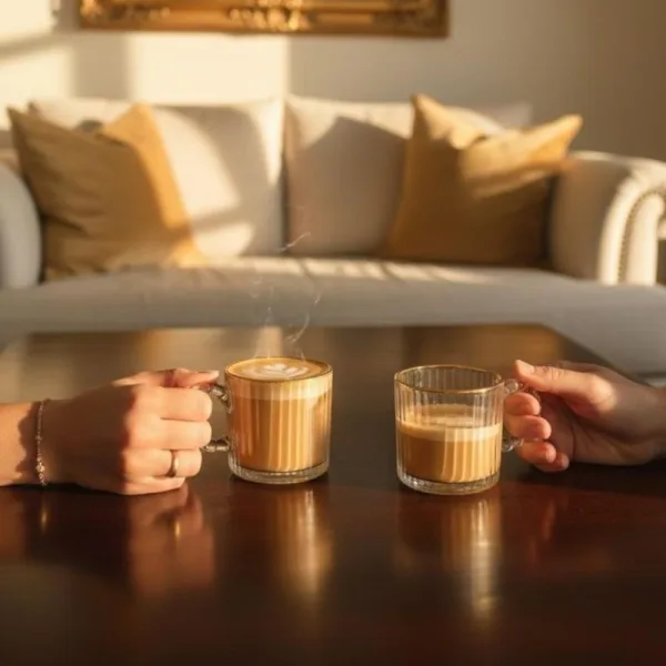 Doua persoane tinand cesti de cafea din sticla striata cu margine aurie la o masa din lemn