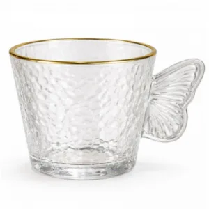 Set 6 cesti cafea si espresso din sticla texturata cu margine aurie si toarta fluture ABYZ 120ml