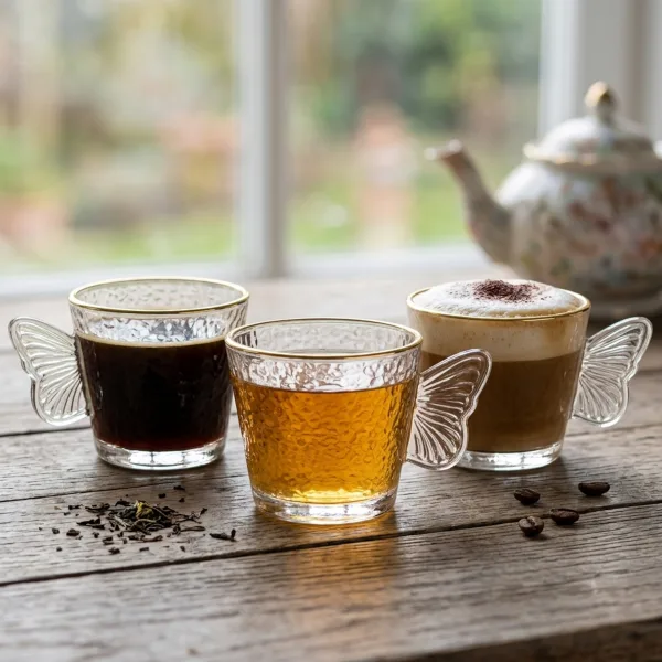 Trei cesti ABYZ din sticla cu margine aurie si toarta fluture pline cu cafea neagra ceai si cappuccino pe masa de lemn