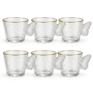 Set 6 cesti cafea si espresso din sticla texturata cu margine aurie si toarta fluture ABYZ 120ml