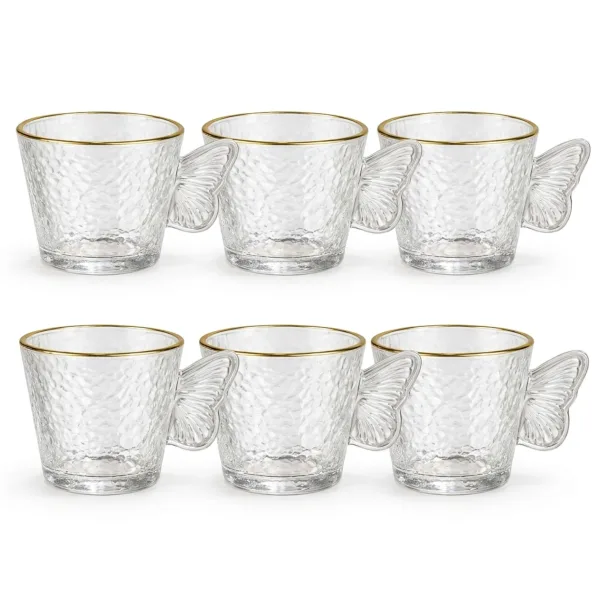 Set de 6 cesti transparente ABYZ cu toarta aripa de fluture si margine aurie aranjate pe doua randuri