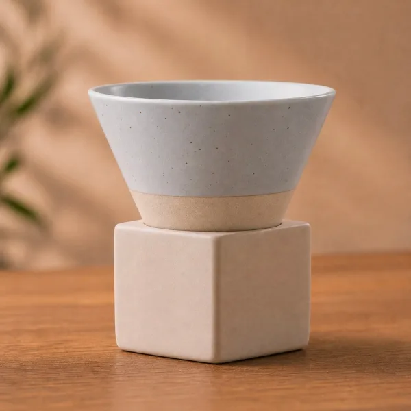 Ceasca conica din ceramica gri asezata pe baza sa cubica mata, pe o masa din lemn.
