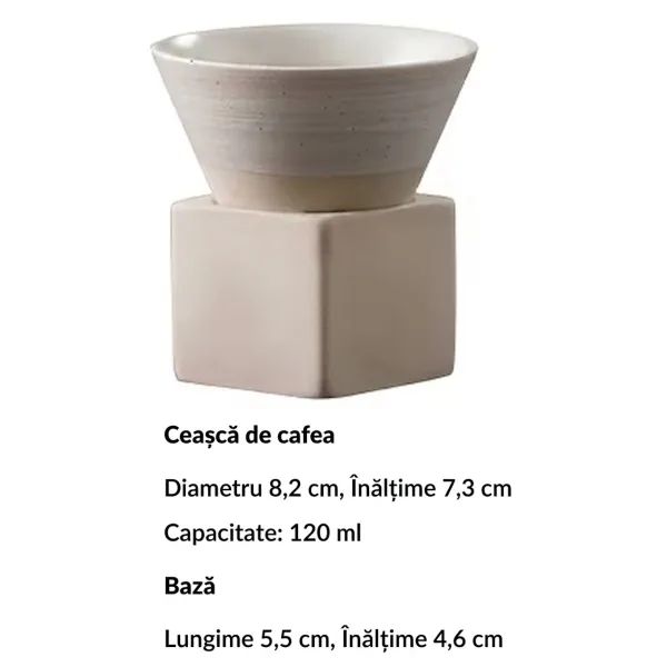 Dimensiunile tehnice ale cestii de cafea ABYZ alba: 8.2 cm diametru, 7.3 cm inaltime si suport de 5.5 x 4.6 cm.