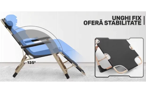 Sezlong pliabil gri complet intins in pozitie orizontala pentru dormit sau relaxare.