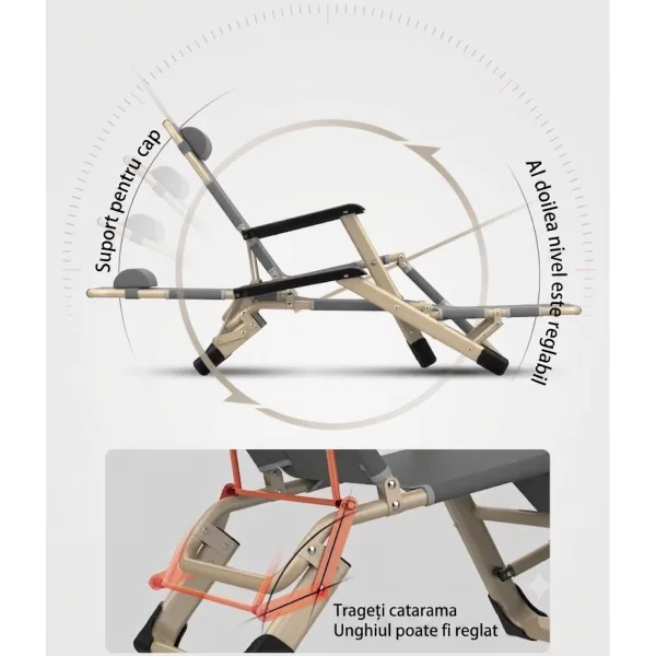 Dimensiuni detaliate ale sezlongului extins la 178 cm lungime, 60 cm latime si 61 cm inaltime spatar.