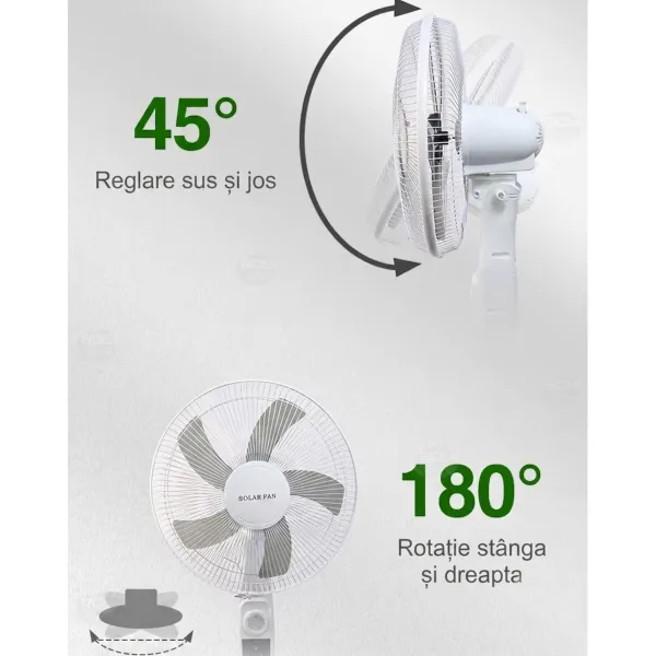 Schema unghiuri de reglaj ventilator: reglare 45 grade sus-jos si rotatie 180 grade stanga-dreapta.