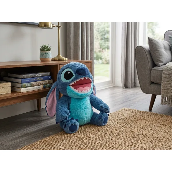 Jucarie de plus moale Stitch cu gura deschisa si urechi mari roz cadru frontal