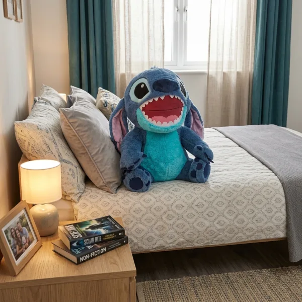 Jucarie din plus Stitch albastru 45cm asezata pe covor langa noptiera in living ABYZ