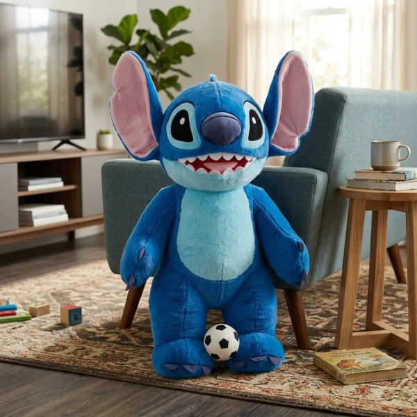 Jucarie de plus Stitch albastru de 70 cm asezata in living langa fotoliu